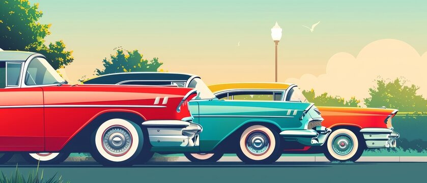 Naklejki Trendy art paper collage design of a classic car show, stylized in classic styles color, ideal for vintage enthusiasts illustration template