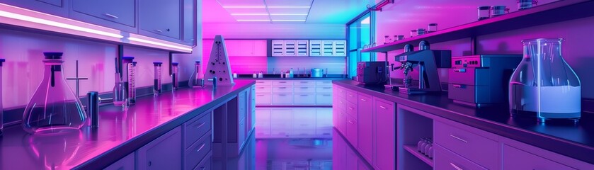 3D render pop art of a cuttingedge laboratory, shown in synthwave color, crafted as a banner...