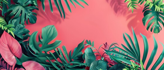 3D render pop art of a detailed botanical garden, illustrated in solid color, presented as a banner...