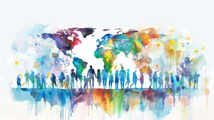 A fantastic watercolor of a medical conference discusses global health issues, featured on an isolated minimal with white background