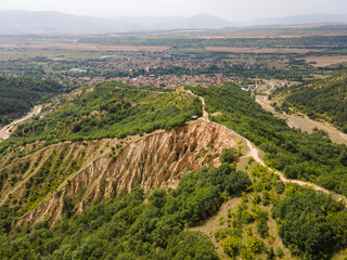 Aerial view of rock formation Stob pyramids, Bulgaria