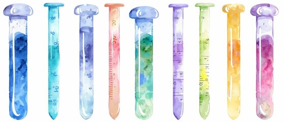 A set of watercolor thermometers measures the basics of patient care, illustrated on a simple clipart isolated white background