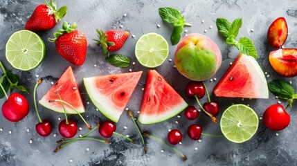 Watermelon slices, cherry, strawberry, lime, peach, mint leaves and nectarine on grey background. Fresh summer fruits and berries with vitamins and antioxidants. Diet and detox concept. Flat lay.