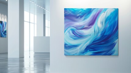 Abstract Blue and Purple Swirls on White Gallery Wall.