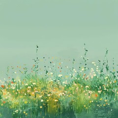 Abstract green landscape of Meadow, dotted with wildflowers, in minimal styles, banner sharpen with copy space