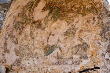 Mosaics of basilica in ancient city Anemurium. Mersin Province, Turkey.