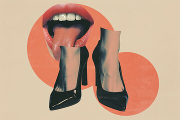 Minimalistic collage art of an open mouth with pink lips and white teeth, the tongue is sticking out on shoes. Shopaholic concept