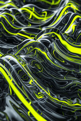 A dramatic and powerful interaction of charcoal grey and neon yellow waves, swirling together in a bold display that captures the urban energy of a cityscape at night.