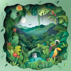 Fantasy landscape of Tropical Rainforest, teeming with vibrant biodiversity, in paper cut styles, kawaii template sharpen with copy space