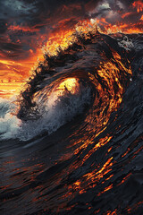 A dramatic interplay of jet black and fiery orange waves, swirling together in a powerful display that captures the raw energy of a stormy sunset.