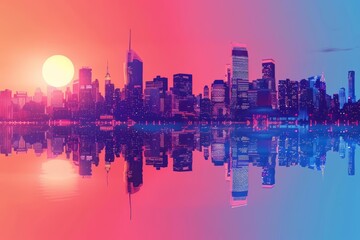 Futuristic Pop art style of a city skyline at dusk, visualized in retro color, sharpened as a banner with copy space