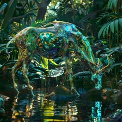 Look strange of animal reimagined as holographic creatures in a futuristic jungle, rendered in 3D styles, Futuristic sharpen for banner