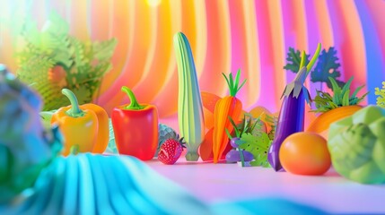 Neon color of vegetable, rendered in a futuristic market scene with paper art styles, banner template sharpen with copy space