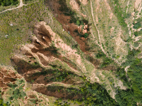 Aerial view of rock formation Stob pyramids, Bulgaria