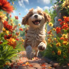 A delightful scene capturing a joyous puppy bounding energetically along a garden path lined with vivid, blooming flowers under a bright sky.