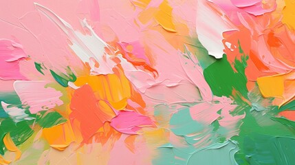 High-resolution image showcasing a vivid abstract oil painting with rich textures and a dynamic mix of pink, orange, and yellow hues on a canvas