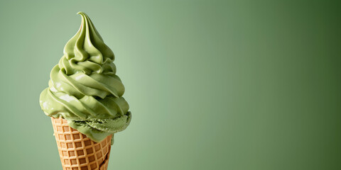 matcha green tea ice cream with waffle cone isolated on green background, copy space