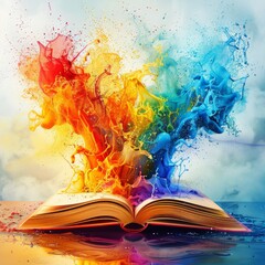 Dynamic image depicting an open book with a spectacular burst of colorful liquid splashes symbolizing creativity and imagination.