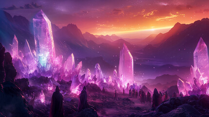 Amidst a field of glowing pink purple crystals, a caravan of traders barter for shards that resonate with forgotten magic