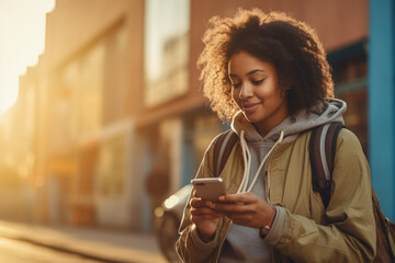 A woman with curly hair and a backpack stands on a street, looking at her phone. The sun is lighting behind her.