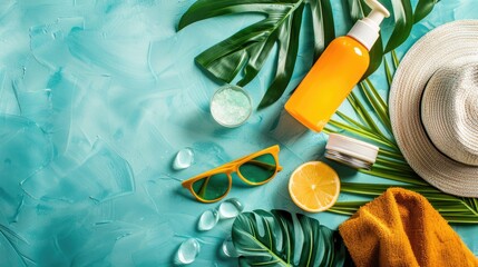 A plastic bottle of sunscreen, stylish sunglasses, a soft towel, and colorful seashells placed on an electric blue surface resembling a swimming pool AIG50