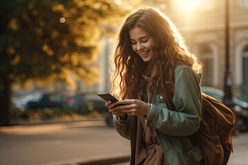 Young beautiful woman with long hair and a backpack standing on a city street, smiling while looking at her phone.