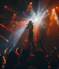 A charismatic rock singer captivates the crowd during an electrifying live concert, bathed in dynamic lighting and surrounded by an enthusiastic audience.
