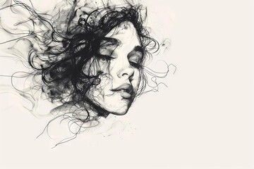 abstract and surreal dreamlike beautiful woman portrait minimalist sketch drawing with tiny details