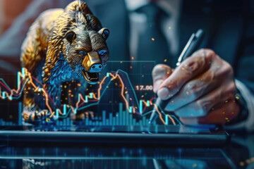 A businessman is drawing an down trending graph on his tablet screen about the stock market, and he holds a pen in one hand with bear near him against a financial background