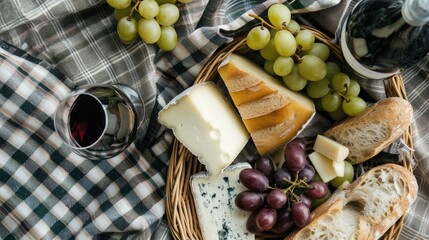Fototapeta premium A picnic featuring a bottle of wine, grapes, cheese, bread, and a glass of wine, all laid out on a tartan blanket. The natural foods complement the plantbased recipe perfectly AIG50