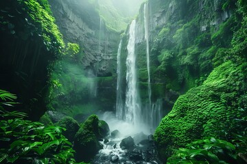 breathtaking waterfall in a lush tropical rainforest nature landscape photography - Powered by Adobe
