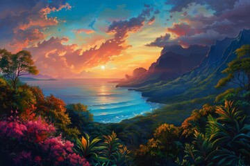 breathtaking sunset over ocean horizon majestic mountains and lush trees oil painting landscape