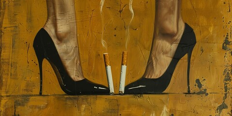 A pair of legs with black stiletto heels sticking out from the end of two cigarettes. Stope smoking concept