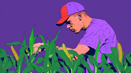 A stylized illustration of a young Japanese man in a cap inspecting corn plants in a field.