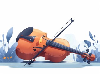 Stylized vector illustration of a violin with abstract lines and shapes, set against a backdrop of decorative foliage.