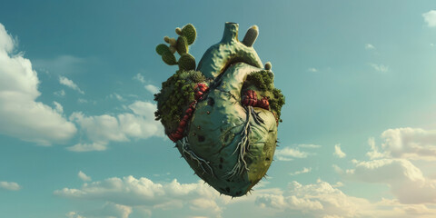A human heart made of cactus, floating in the sky