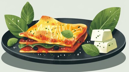 Vector illustration of a beef enchilada with cheese on top, served with a green salad, on a dark plate.