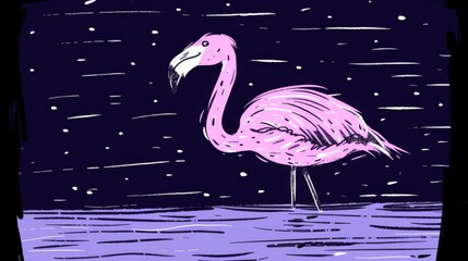 Illustration of a pink flamingo in water with a purple and black background, possibly depicting night time. - obrazy, fototapety, plakaty