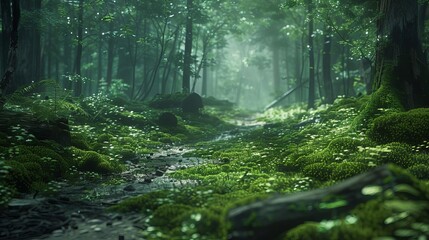 Fototapeta premium Capture the mesmerizing tranquility of an eye-level view on a moss-covered forest path Highlight the lush green hues and intricate textures for a peaceful, immersive experience