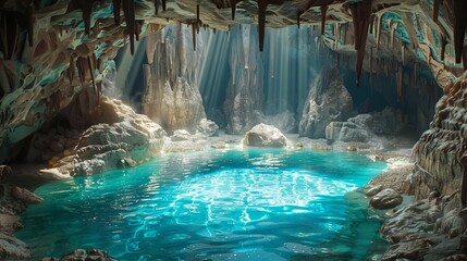 Capture the mystery of a hidden cave pool at eye-level angle