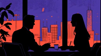 Silhouettes of two business people having a discussion in an office setting at dusk with a cityscape background.