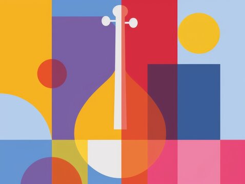 Abstract vector illustration of a lute with geometric shapes in vibrant colors, perfect for a modern poster design.