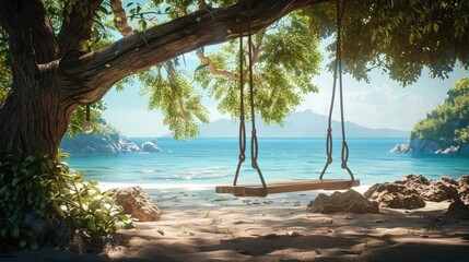 A wooden swing hangs from a tree on a beach, overlooking the water with boats sailing in the distance under a sky dotted with fluffy clouds AIG50