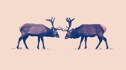 Two silhouetted Sitka black-tailed deer with antlers face each other on a pastel background.