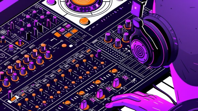 An illustration of a male DJ engaged in mixing music with professional sound equipment.