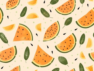 Vector illustration of watermelon and citrus slices with leaves and seeds on a light background.