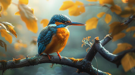 Fototapeta premium A kingfisher bird perched on a branch amidst orange autumn leaves, with sunlight filtering through, highlighting its vibrant blue and orange plumage.