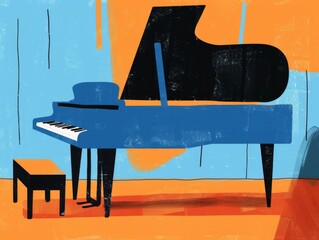 Abstract vector illustration of a black and blue piano with stylistic lines and shapes against an orange background.