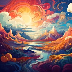 Surreal landscape with colorful clouds, river and glowing planets, dreamy atmosphere. Generative AI.