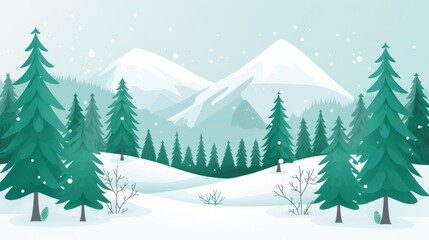 Fototapeta premium A serene winter scene with snow-covered trees and mountains in the distance under a pastel sky.